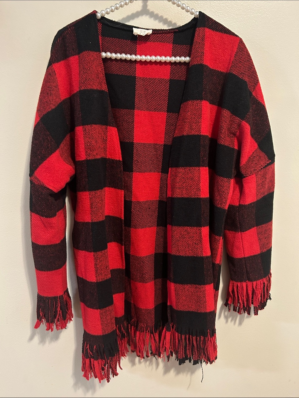 ETWO Red Buffalo Plaid Wool Blend Fringe Cardigan Sweater Open Front S